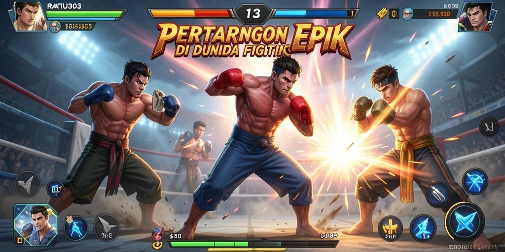 Screenshot utama RATU303 menampilkan aksi pertarungan intens antara karakter.