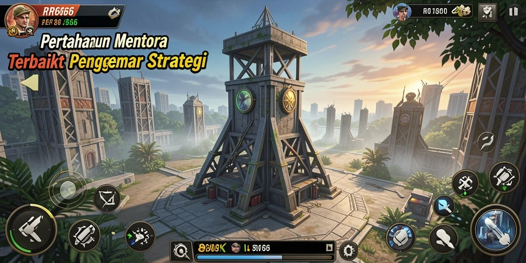 Tangkapan layar utama RR666 menampilkan pertarungan strategis Tower Defense.
